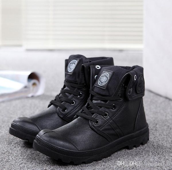 

2018 new comfortable palladium tyle hoe for women men pu leather lace up flat heel waterproof black military ankle martin brand boot