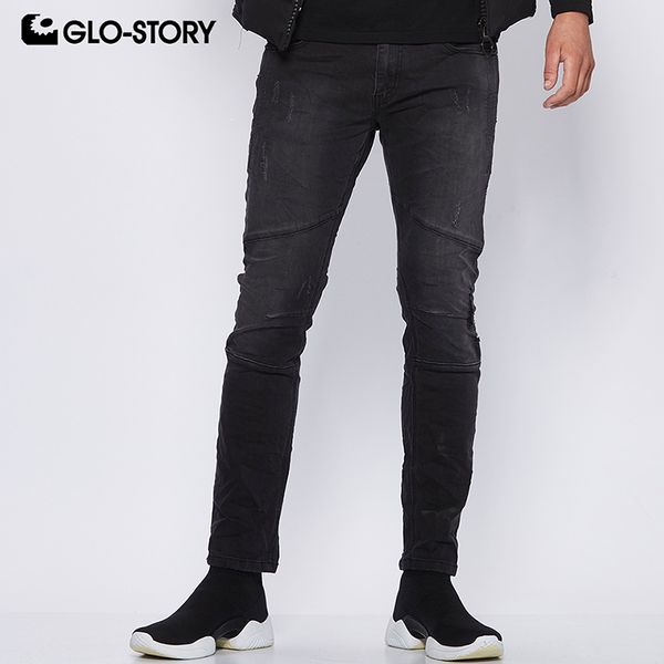 

glo-story european style 2018 men's casual black mid-waist distressed pleated jeans pencil pants denim pants tousers mnk-7699, Blue