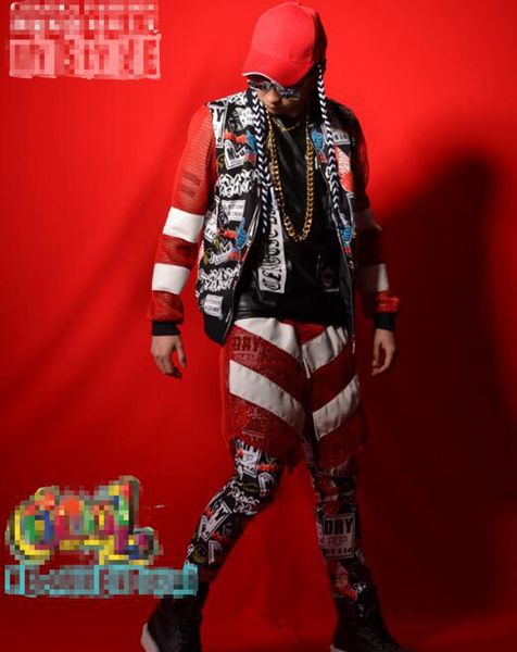 

новый мужской модный бутик личность якорь бар певица сценические костюмы танцевальная одежда сетки сращивания хип-хоп бейсбол равномерное па, Black;red