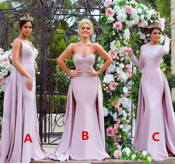 Sexy Strapless Strapless Lace Appliqued Longo Dama De Honra Vestidos Pink Soft Satin Manga Longa Wedding Guest Diving Doméstica Doméstica dos Vestidos de Honra