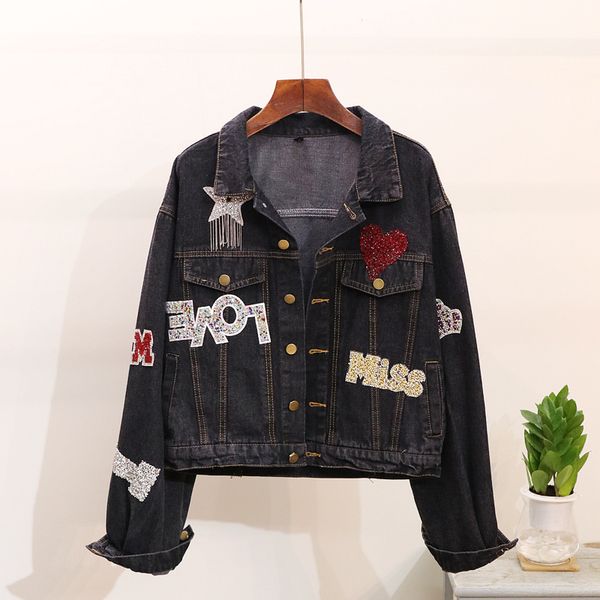 

2018 new fashion spring autumn women's sequins letter loose denim jacket female short black jeans coat students cowboy outwear, Black;brown