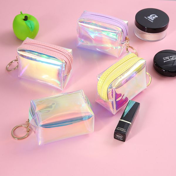 

huboone laser holographic coin purse children mini wallet women zip purse portable jelly transparent small key bag coin purses, Red;black