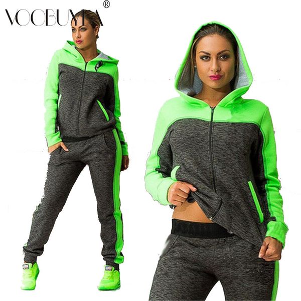 

voobuyla autumn winter two-piece tracksuit jogging suits women running set sport suits patchwork hooded running sets sweat pants, Black;blue