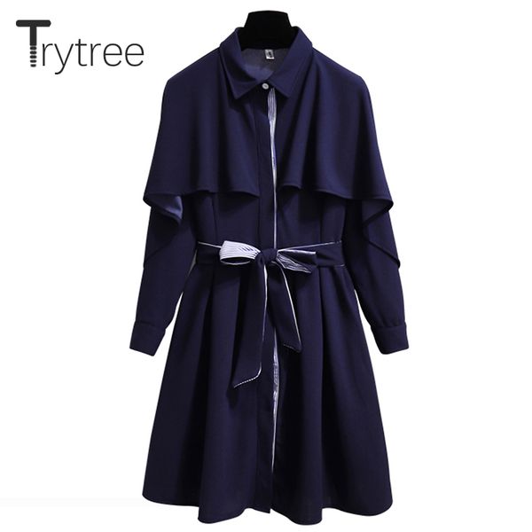 

trytree осень платье женщины 2018 повседневная трапеция плащ платье полиэстер твердый полный рукав длиной до колен полосатый бант, White;black