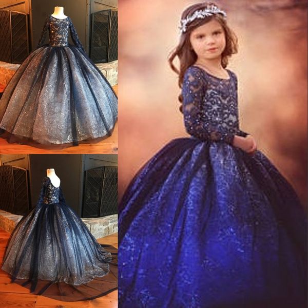 

2018 fairy princess flower girls dress beads scoop long sleeve lace appliques girls pageant dresses fashion tulle toddler birthday dress, White;blue
