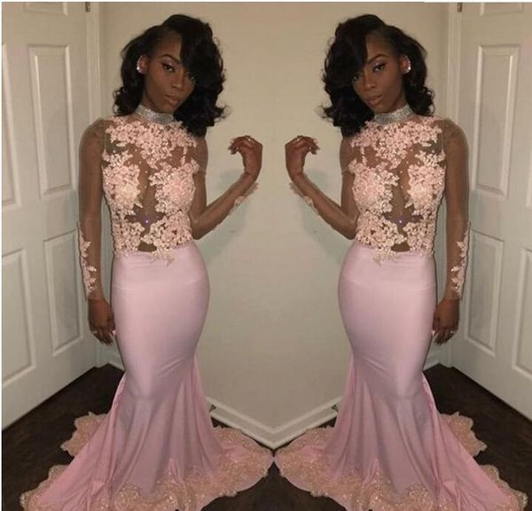 

african pink mermaid prom party dresses 2018 high neck sheer long sleeves beads appliqued lace evening dresses black girl gowns