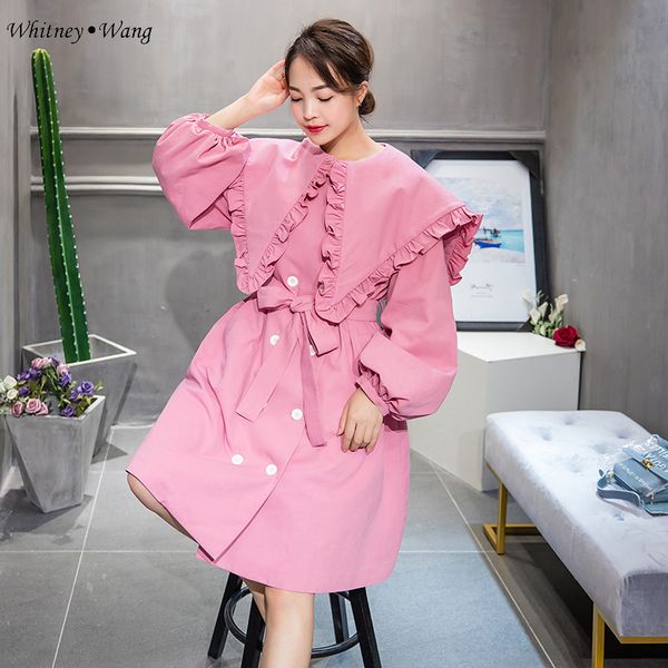 

whitney wang 2018 autumn winter fashion streetwear sweet big turn-down collar trench coat women outwear ww-2082, Tan;black