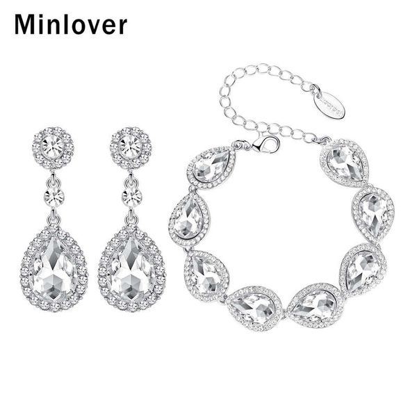 

minlover silver color teardrop crystal bridal bracelet earrings sets for women wedding jewelry sets water drop gift eh070+sl051