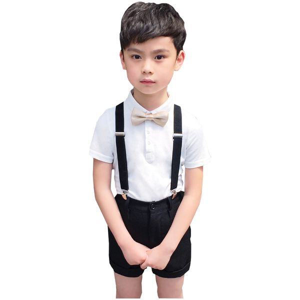 

boys summer 4pcs wedding suit with bowtie kids formal performance suit boys shirt/t-shirt+shorts uniform costume, White