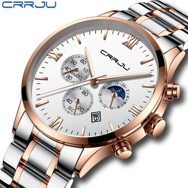 

crrju brand men watch chronograph stainless steel watches men waterproof quartz watch gents luxury casual business wristwatch, Slivery;brown