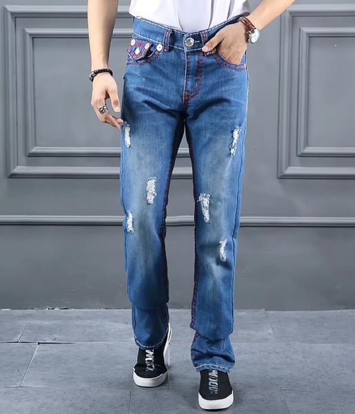 

Fashion Brand Mens Jeans TRUE Ripped Red Line Design Slim Jeans RELIGION Man Biker Distressed Long Pencil Pants Hommes Blue Jeans