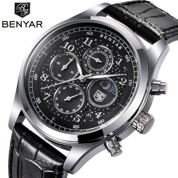 

mens watches luxury moon phase full steel quartz chronograph watch sports waterproof wrist watch hour clock, Slivery;brown