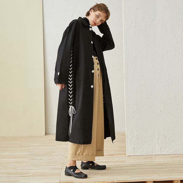 

new arrival autumn 2018 lace up designs oversize long women trench coat black, Tan;black