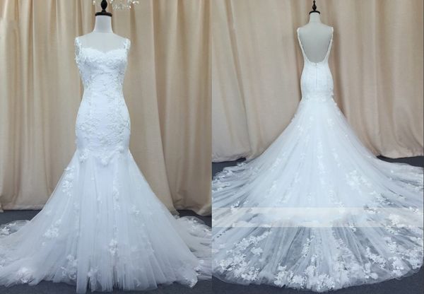 

backless mermaid wedding dresses real p applique lace with spaghetti straps chapel train long for bride cheap, White