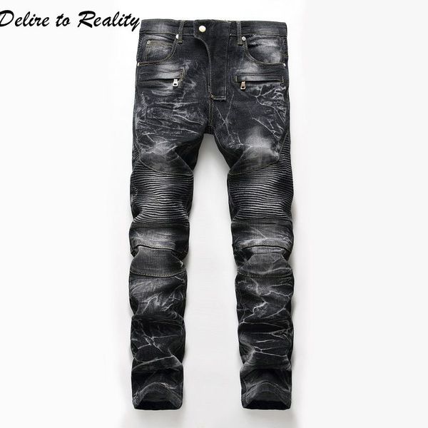 

men's distressed jeans slim fit pleated design mens motorcycle moto jeans hip hop denim male streetwear 6501, Blue
