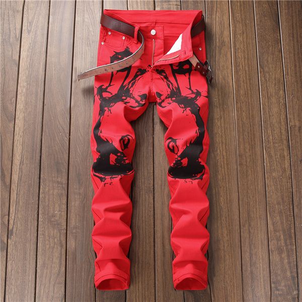 

new digital print pants jeans men's body trousers fashion elastic feet red casual pants skinny jeans men streetwear 2018, Blue