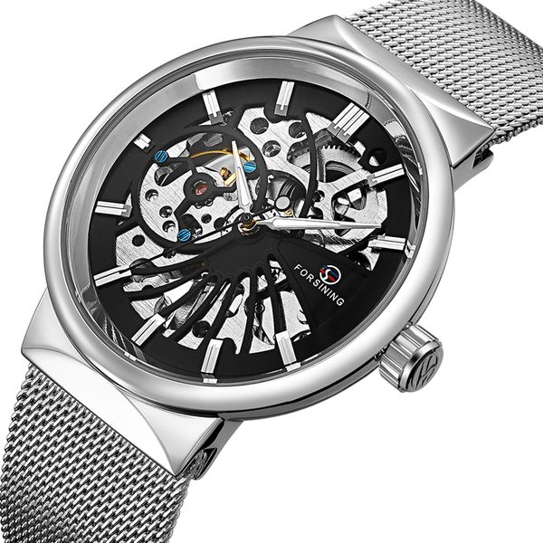 

2018 men watches mechanical hand wind watch skeleton stainless steel mesh strap men's watches relogio masculino, Slivery;brown