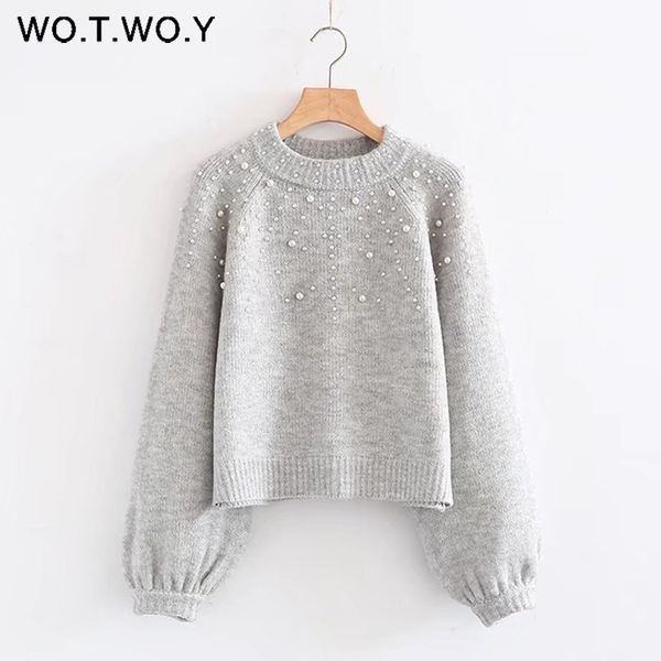 

wotwoy pearl beaded knitted winter pullovers women sweater long lantern sleeve loose grey female pullover casual cashmere jumper, White;black