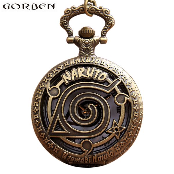 

retro bronze anime naruto pocket watch necklace for women men hollow metal case flip quartz fob vintage clock chain pendant gift, Slivery;golden