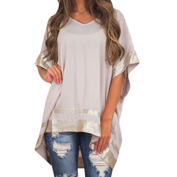 

women plus size sequined decorated v-neck half sleeve sparkly capelet blouse solid loose blusa feminina, White