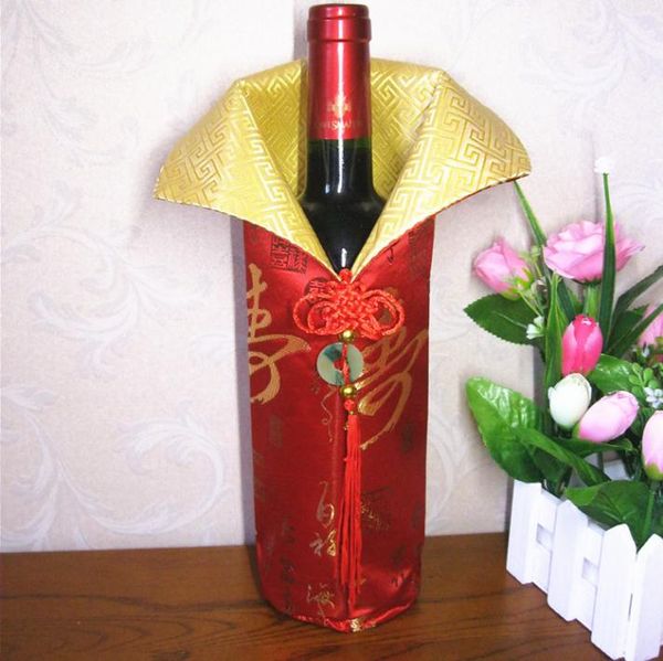 Chinesische handgemachte Seide Weinflaschenhülle mit chinesischem Knoten Neujahr Weihnachten Tischdekoration Flaschenhülle Taschen SN1130