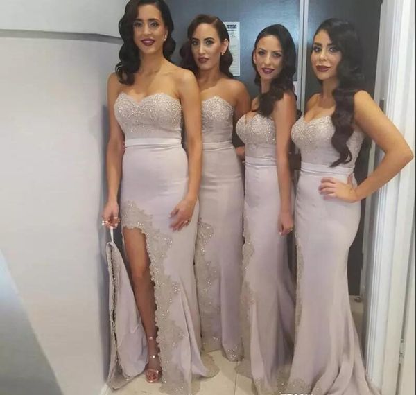 

2019 arabic mermaid bridesmaid dresses sweetheart lace appliques beads side split long wedding guest dress formal maid of honor gowns, White;pink