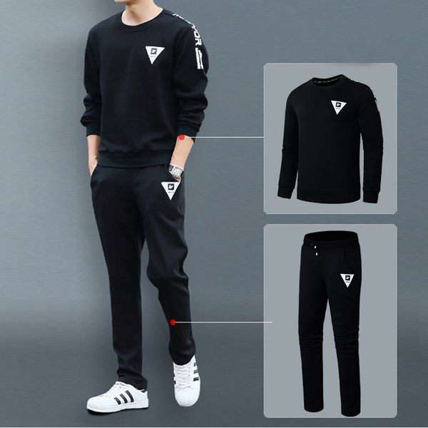 

sport suit men set sweatshirt pants tracksuit bottom pullover jogger fleece sweatpants spring autumn long sleeve shirt men 2pcs, Black;blue