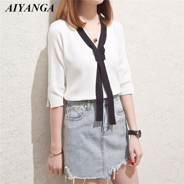 

sweater women 2018 autumn spring slim casual knitted sweater lace up half sleeve knitting pullover cropped women sweaters, White;black