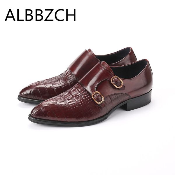 

new men's pointed toe genuine leather dress shoes men derby wedding shoes fashion buckle design high grade office work men, Black