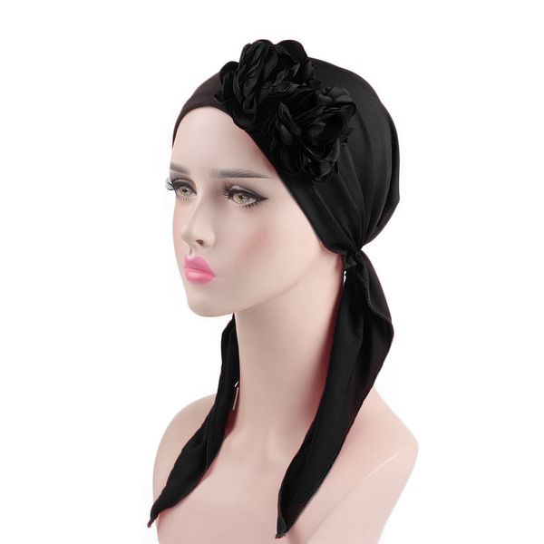 

women muslim stretch flower turban hat head hair loss multifunctional head scarf wrap for cancer patients pre-tied scarves with bead decorat, Blue;gray