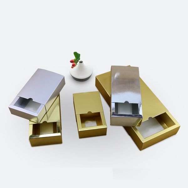 Caixa de deslizamento de papel Golden Bright luxo, 5 Tamanhos Caixa de gaveta de papelão, caixa de presente de Prata caixa de presente personalizado para a festa LX0181