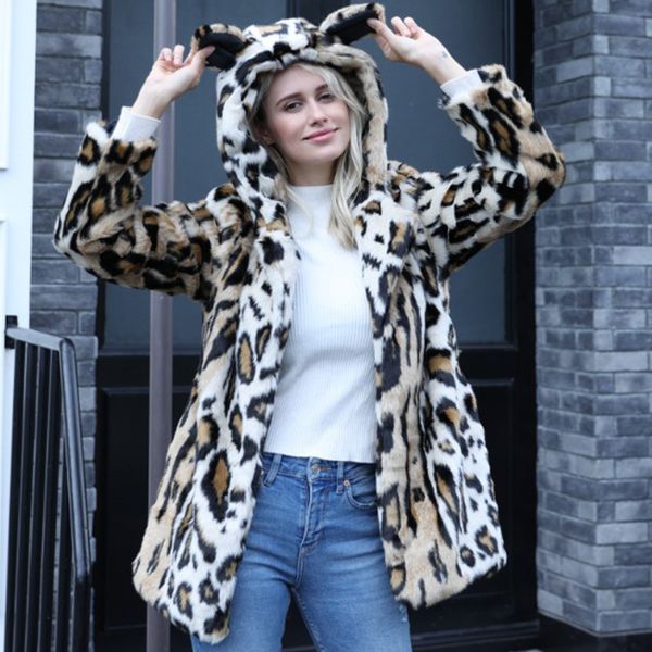 

winter warm parkas jacket thick faux fur long coat animal ear with hooded leopard fur overcoat women outwear plus size 4x 6q2367, Black