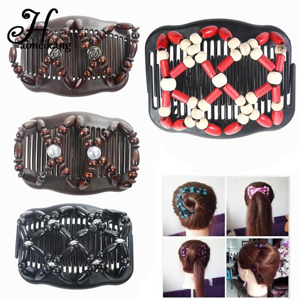 

haimeikang retro double beaded hair magic comb clip beads elasticity hairpin stretchy hair combs pins for women accessories