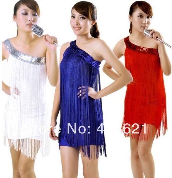 

2018 new latin oblique fringed sequined tassel dress nightclubs ds costumes fashion stage dance clothes, 5 color ing, Black;red