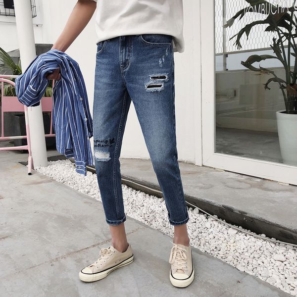 

высокое качество 2018 мода повседневная мужская досуг мужская колено отверстие high street печатных письма ковбой уличная брюки, Blue