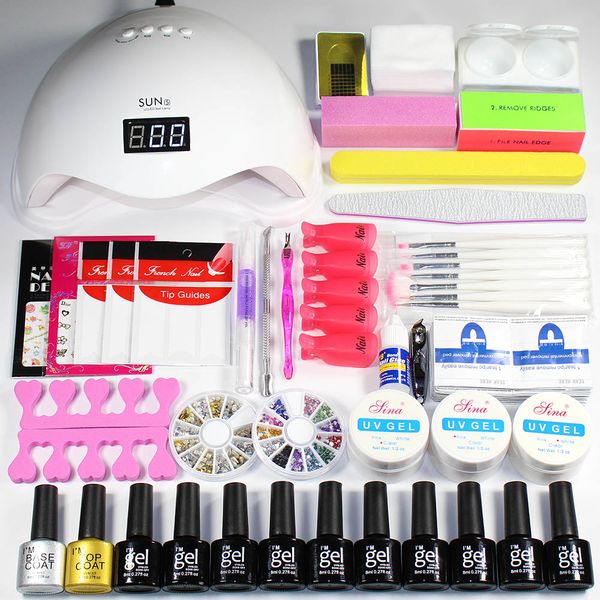 

36w/48w uv led lamp nail set 10 color gel varnish nail gel polish set art kit nails dryer uv polish manicure tools sets