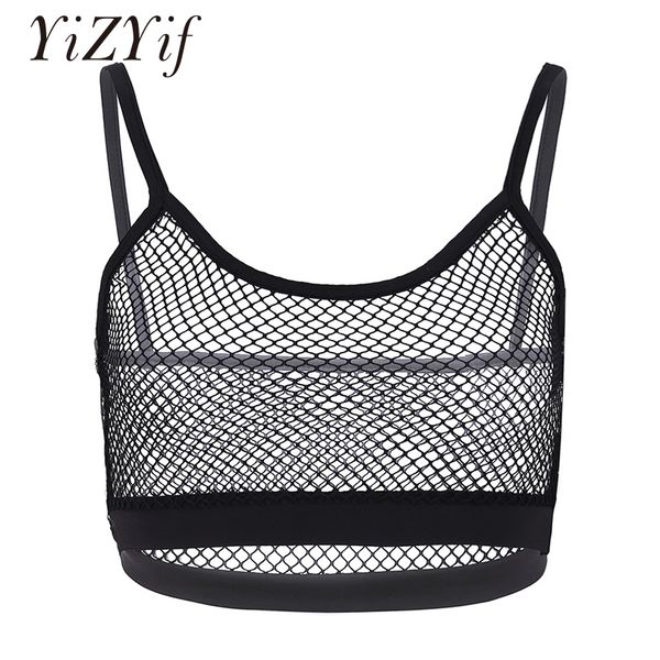 

yizyif mesh crop women short tank strappy mesh bralette short sleeveless vest crop tank slim fit sport, White