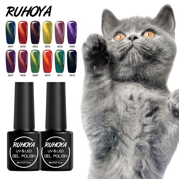 

ruhoya 8ml 3d holographic nail art lacquer cat eye nails art gel polish soak off uv led glitter magnetic gel polish varnishes, Red;pink