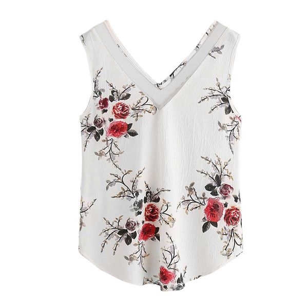 

women vintage floral vest 2018 summer sleeveless chiffon tank spliced mesh v neck vest tank mujeres #9, White