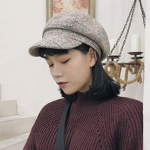 

2018 retro beret hat wool plaid color newsboy octagonal female cap for women berets berets caps for women, Blue;gray