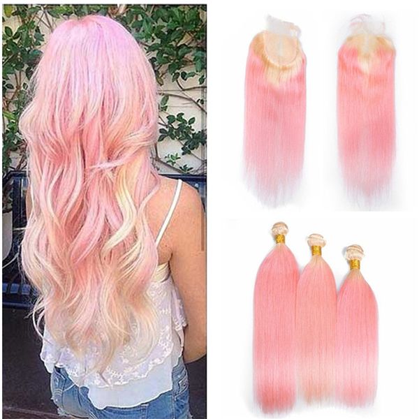 2019 Blonde Hair Weaves With Lace Closure Pink Ombre Straight Hair