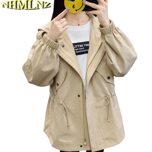 

2018 spring autumn new large size trench coat women fashion long hooded loose windbreaker women solid color coat female l264, Tan;black