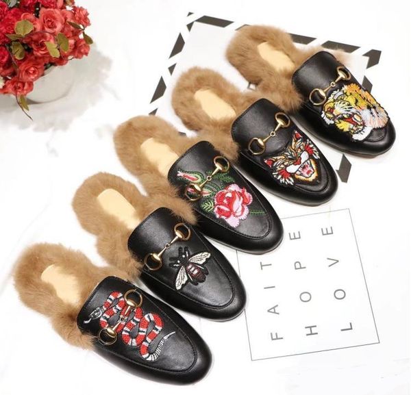 

new fashion italy slides shoes loafers ladies casual slippers genuine leather sandals fur slippers with box, Black