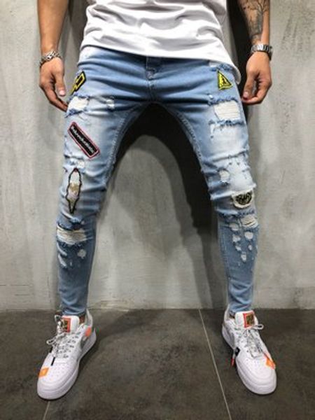 

european and american explosion models men's hip hop high-end tight-fitting hole pants new men's badge slim jeans s-3xl, Blue