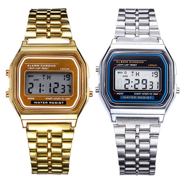

women men watch gold sier vintage stainless steel led digital sports wristwatches present gift, Slivery;brown