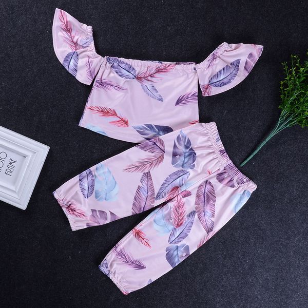 

kid girls clothes feather pink off-shoulder +pants 2pcs set outfits kids baby casual kids clothing girls summer boutique costume, White