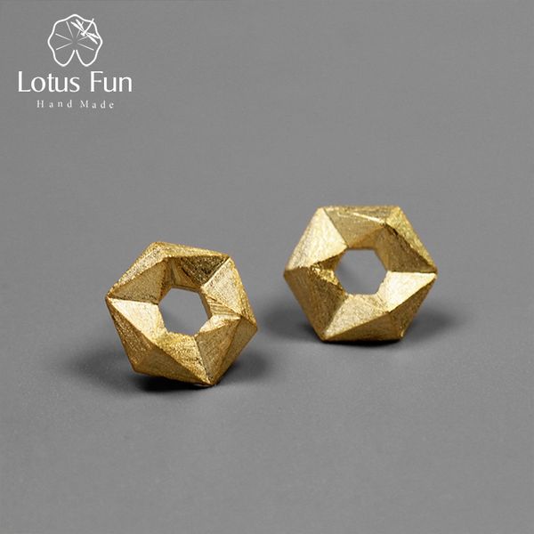 

lotus fun real 925 sterling silver handmade fine jewelry minimalism style stereoscopic hexagon stud earrings for women brincos, Golden;silver