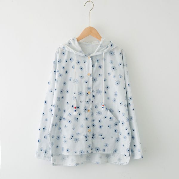 

small fresh floral print hooded loose student sun protection shirt 018 new mori girl, White