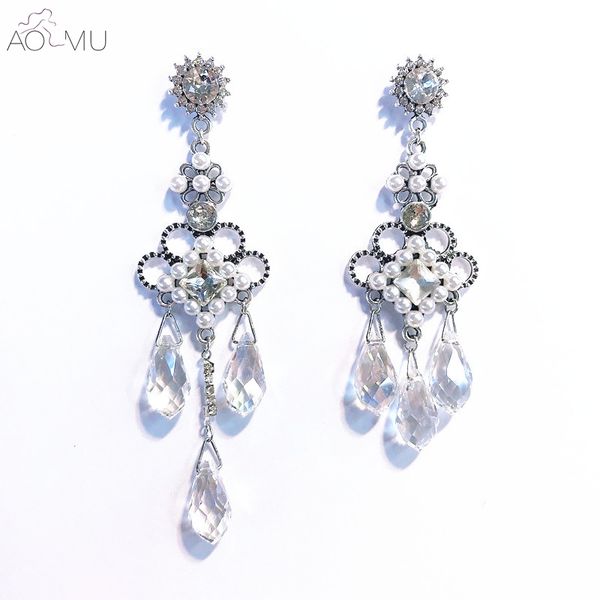 

aomu s925 sterling silver vintage baroque carved hollow flower pearl transparent teardrop crystal long tassel earrings for women