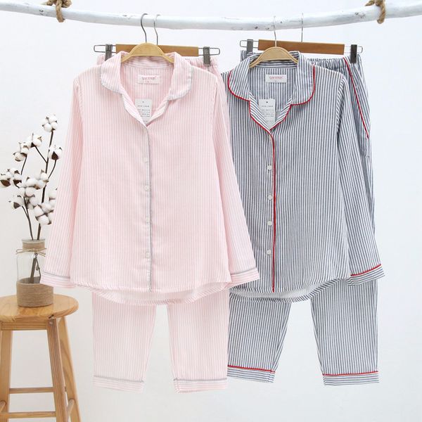 

black vertical stripes pajamas sets women 100% gauze cotton spring long-sleeve homewear pijamas pyjamas women, Blue;gray